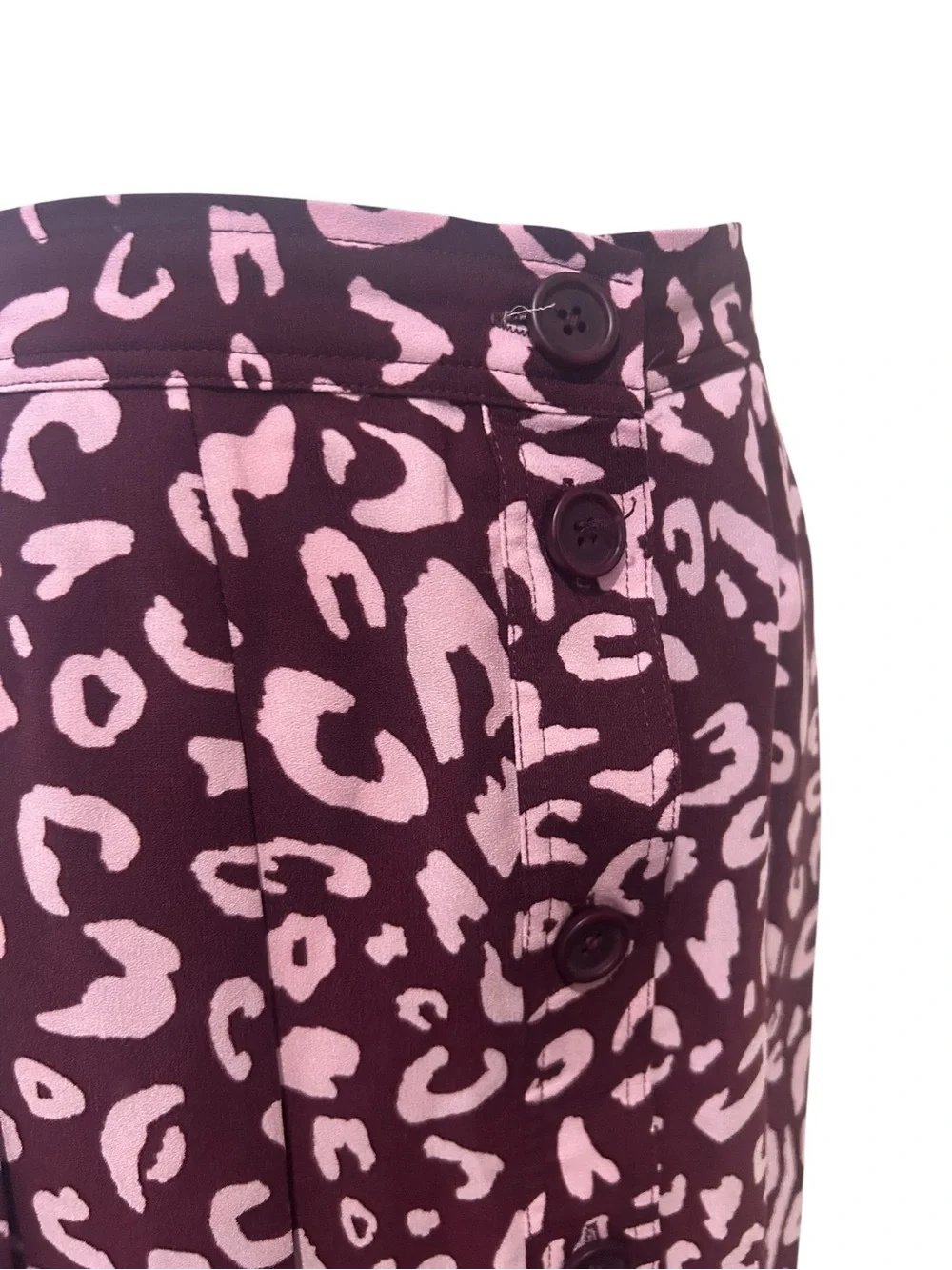 ModCloth Leopard Print Button Front Midi Skirt Size 4 Pink Burgundy A-Line Retro
